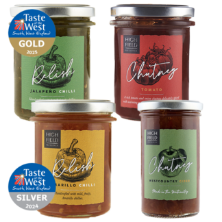 Highfield Preserves -        Introductory Offers - Chutney - West Country Cider / Jalapeño Relish / Amarillo Chilli Relish / Tomato Chutney - 1x(6x280g) & 3x(6x210g)