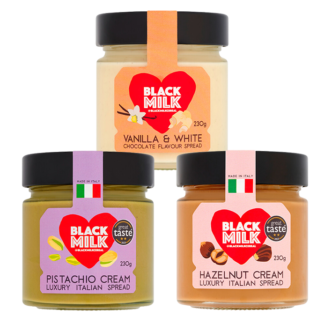Black Milk - Introductory Offer - Hazelnut Cream / White Chocolate & Vanilla Spread / Pistachio Cream - 3x(4x230g)
