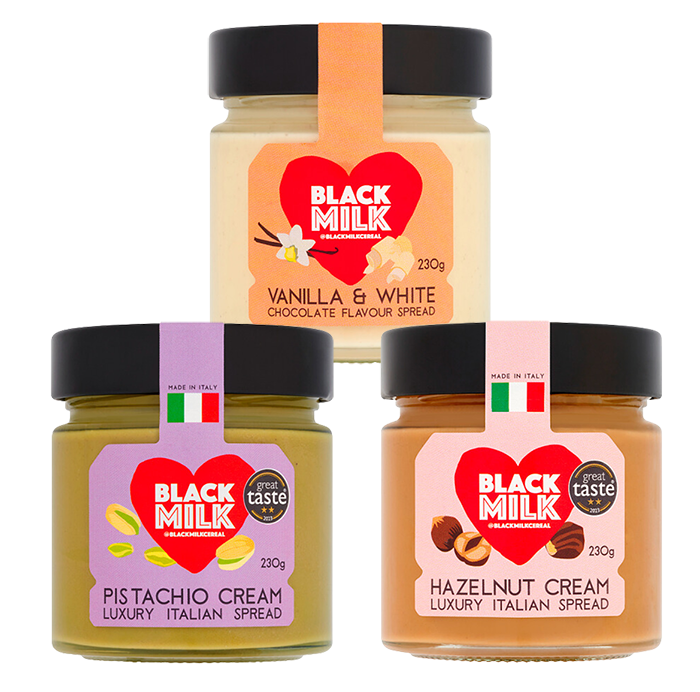 Black Milk - Introductory Offer - Hazelnut Cream / White Chocolate & Vanilla Spread / Pistachio Cream - 3x(4x230g)